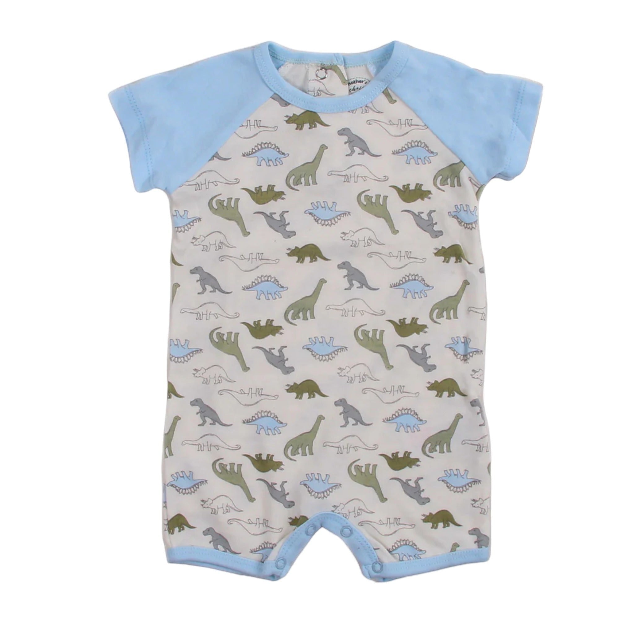 Baby romper with dinosaur pattern and blue sleeves on a white background