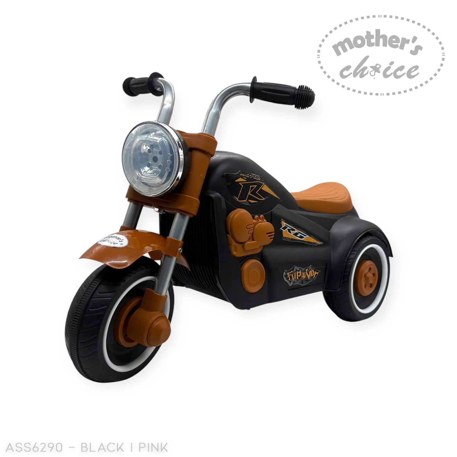 Black and pink toy tricycles with 'Mother's Choice' label on a white background