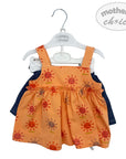 Orange dress with sun patterns on a hanger against a white background, featuring 'mother's choice' branding.