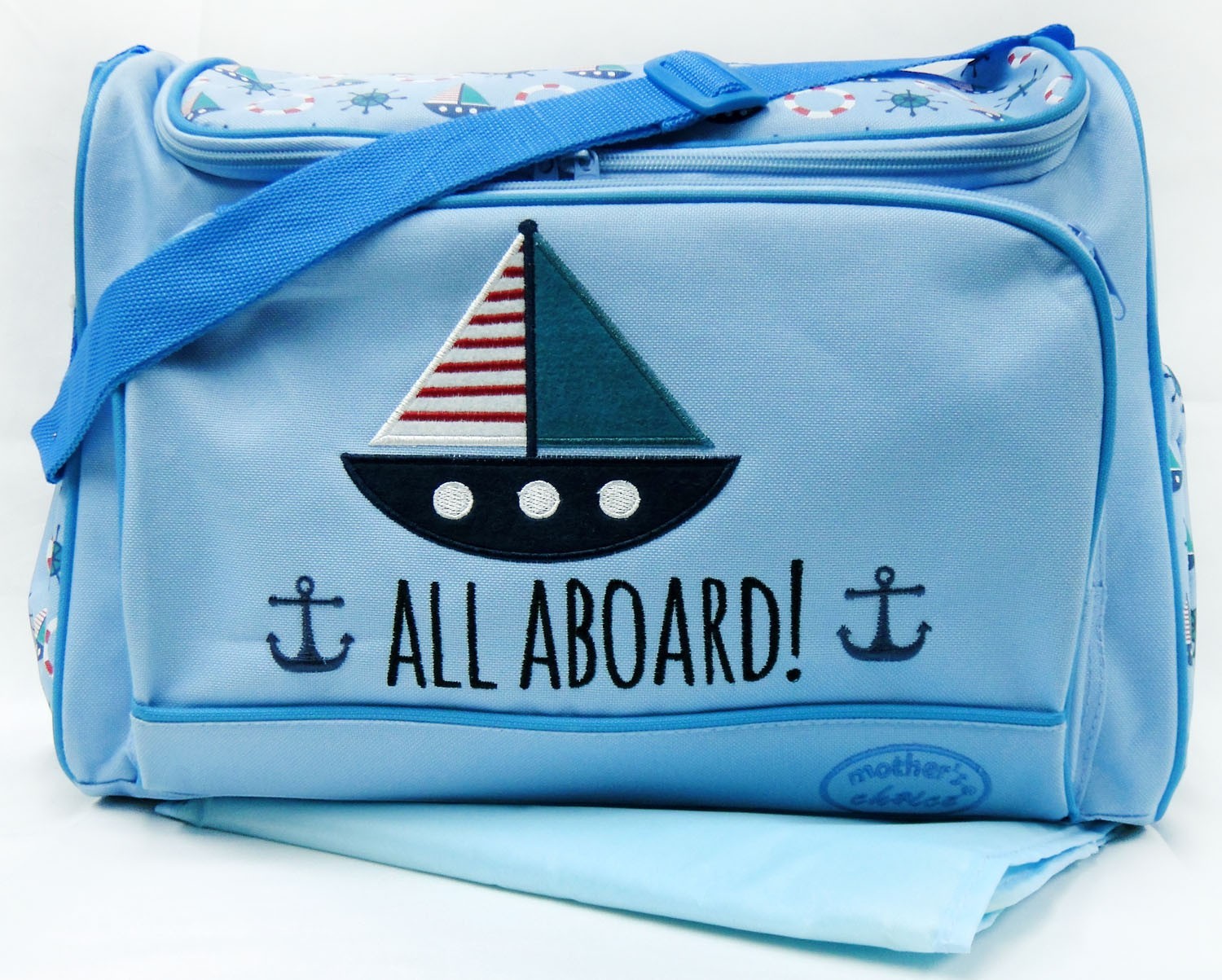 Blue bag with sailboat design and 'All Aboard!' text on a white background
