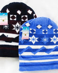 Two patterned beanies with tags on a white background