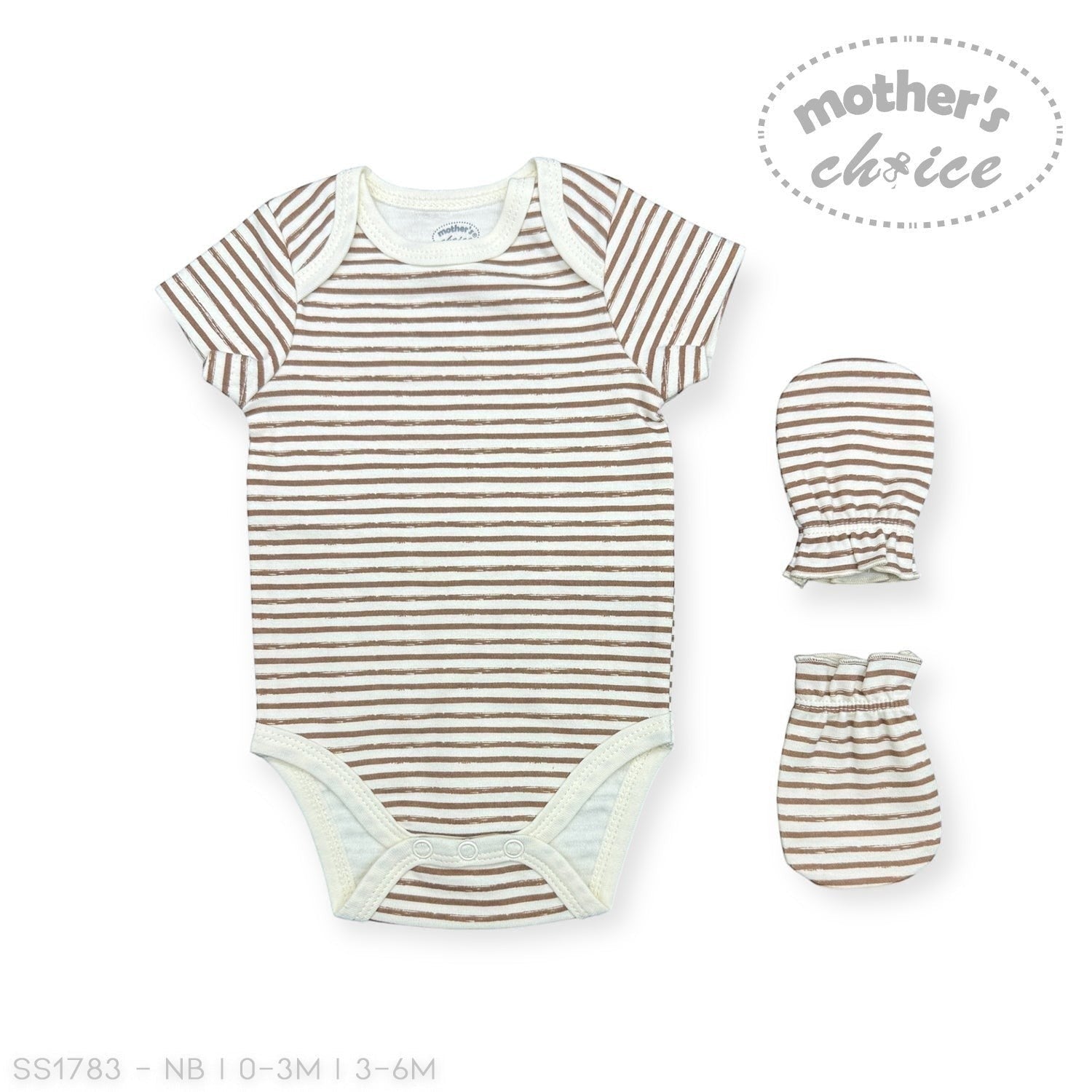 Striped baby bodysuit and mittens set with 'Mother's Choice' branding on a white background