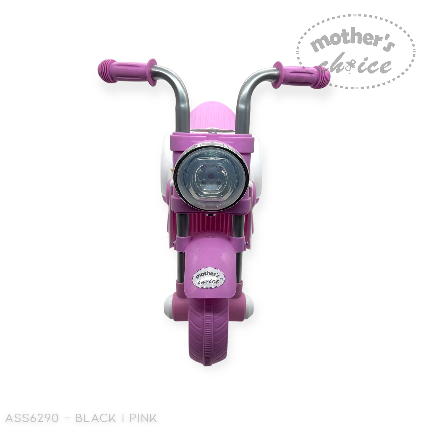 Black and pink toy tricycles with 'Mother's Choice' label on a white background