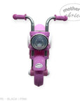 Black and pink toy tricycles with 'Mother's Choice' label on a white background