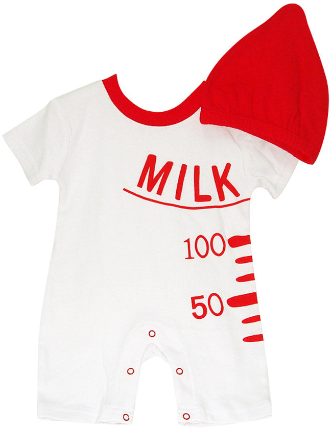 Baby romper with red 'MILK' text and red hat on a white background