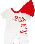 Baby romper with red 'MILK' text and red hat on a white background