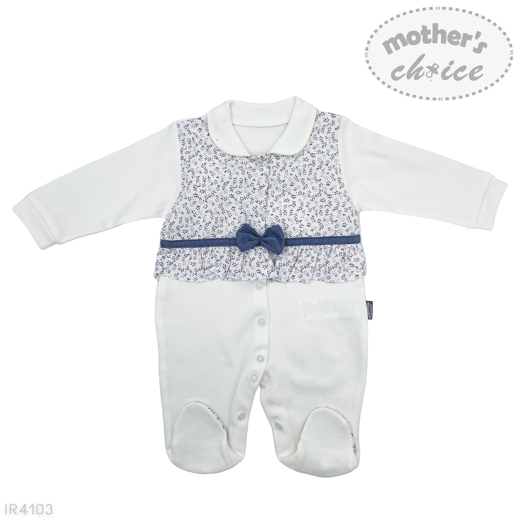 Baby romper with floral patterned top and white pants on a white background, featuring 'Mother's Choice' branding.