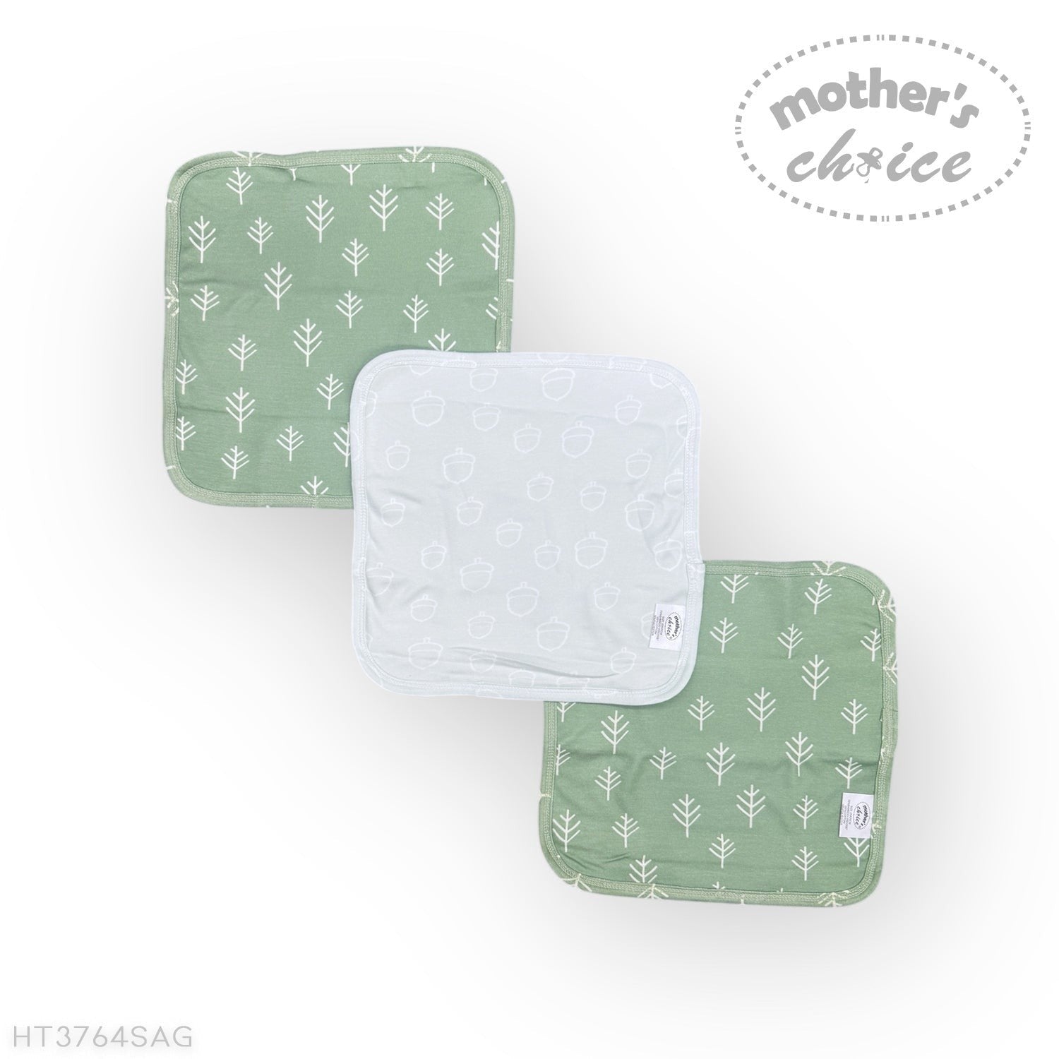 Three green baby blankets with white patterns on a white background, featuring 'Mother's Choice' branding.
