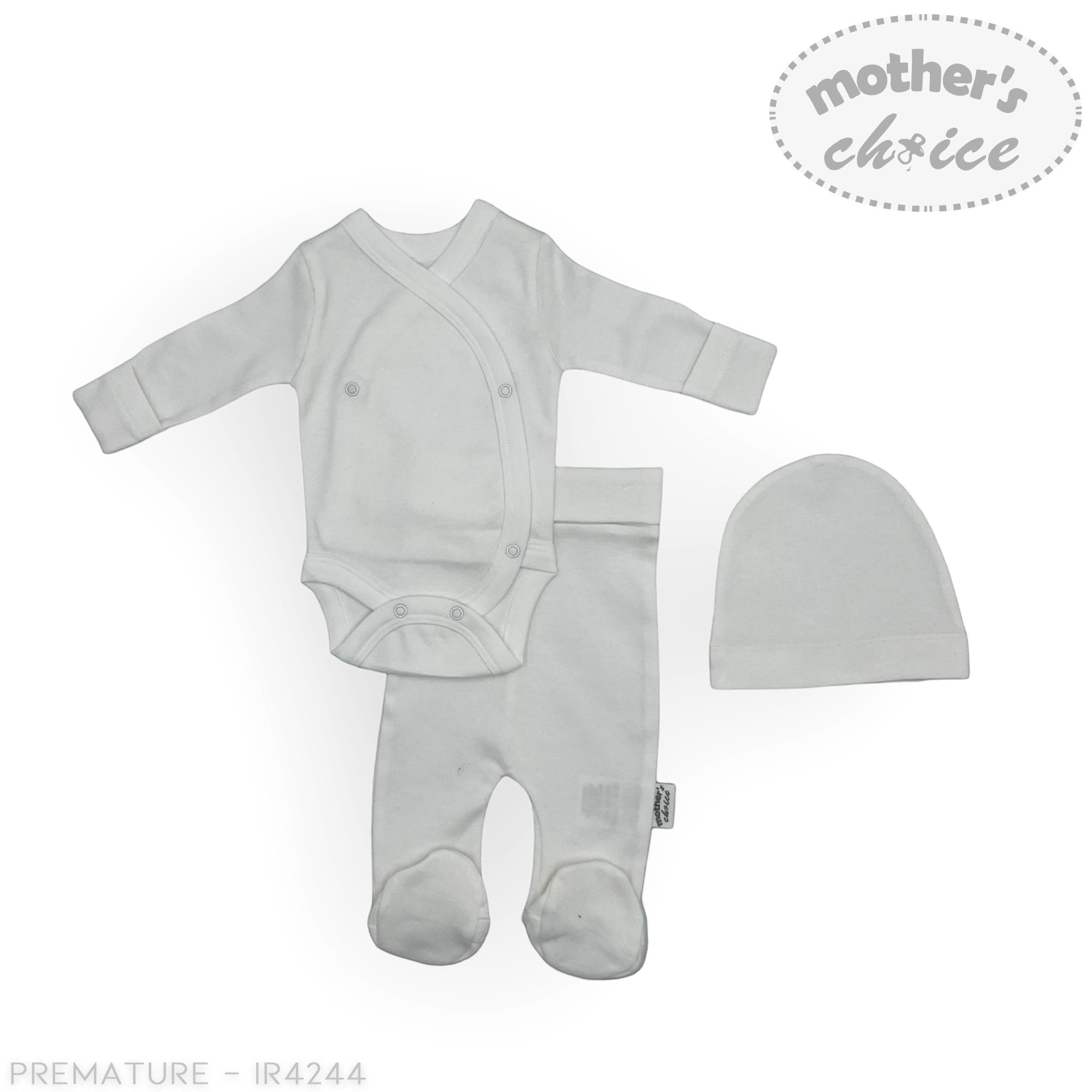 Gray baby onesie and hat set with 'Mother's Choice' branding on a white background