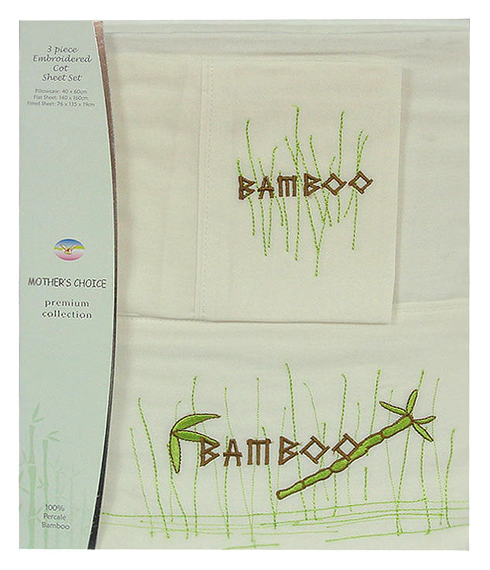 Embroidered towel set with bamboo design and text on a light green background