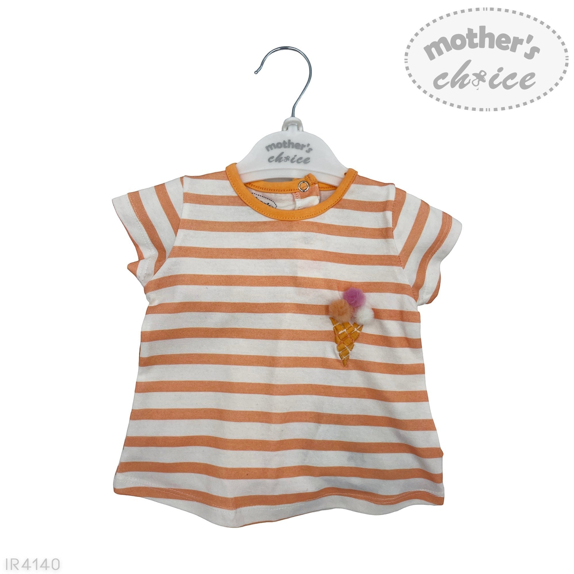 Orange and white striped baby dress with ice cream design on a hanger, branded 'Mother's Choice'.