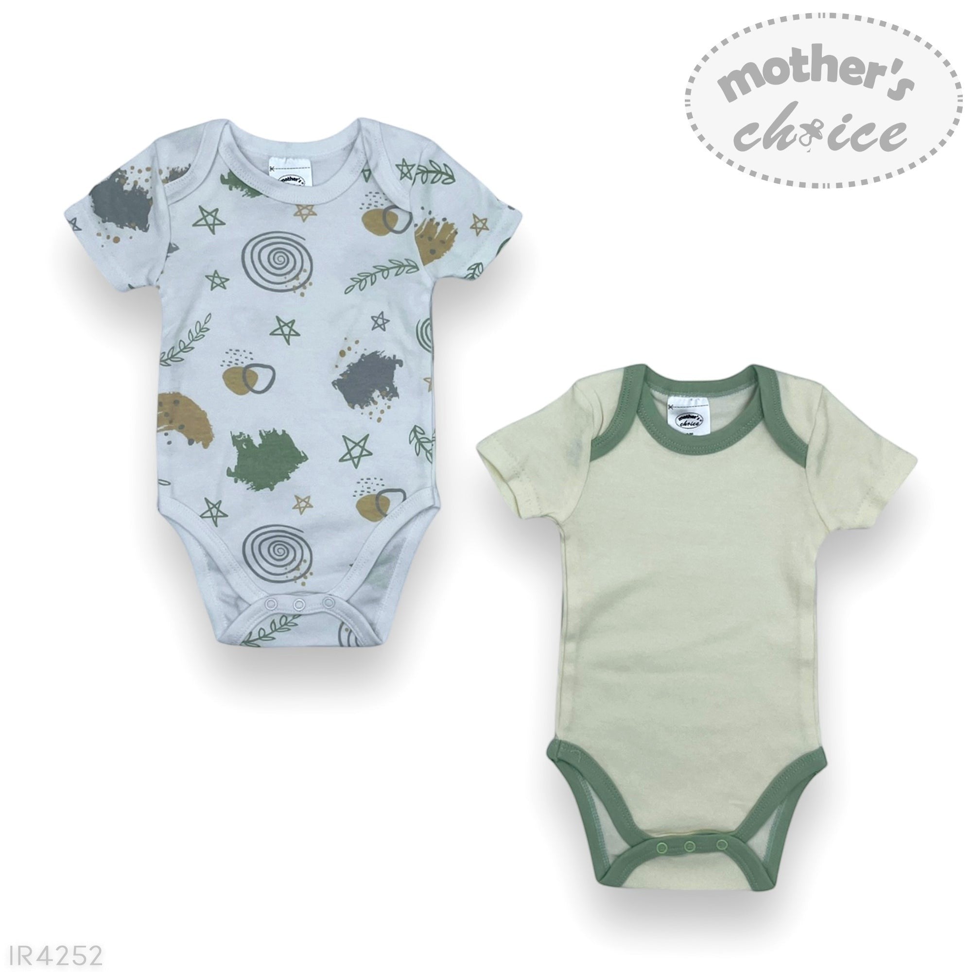 Two baby bodysuits, one with space-themed print and the other green with green trim, on a white background.