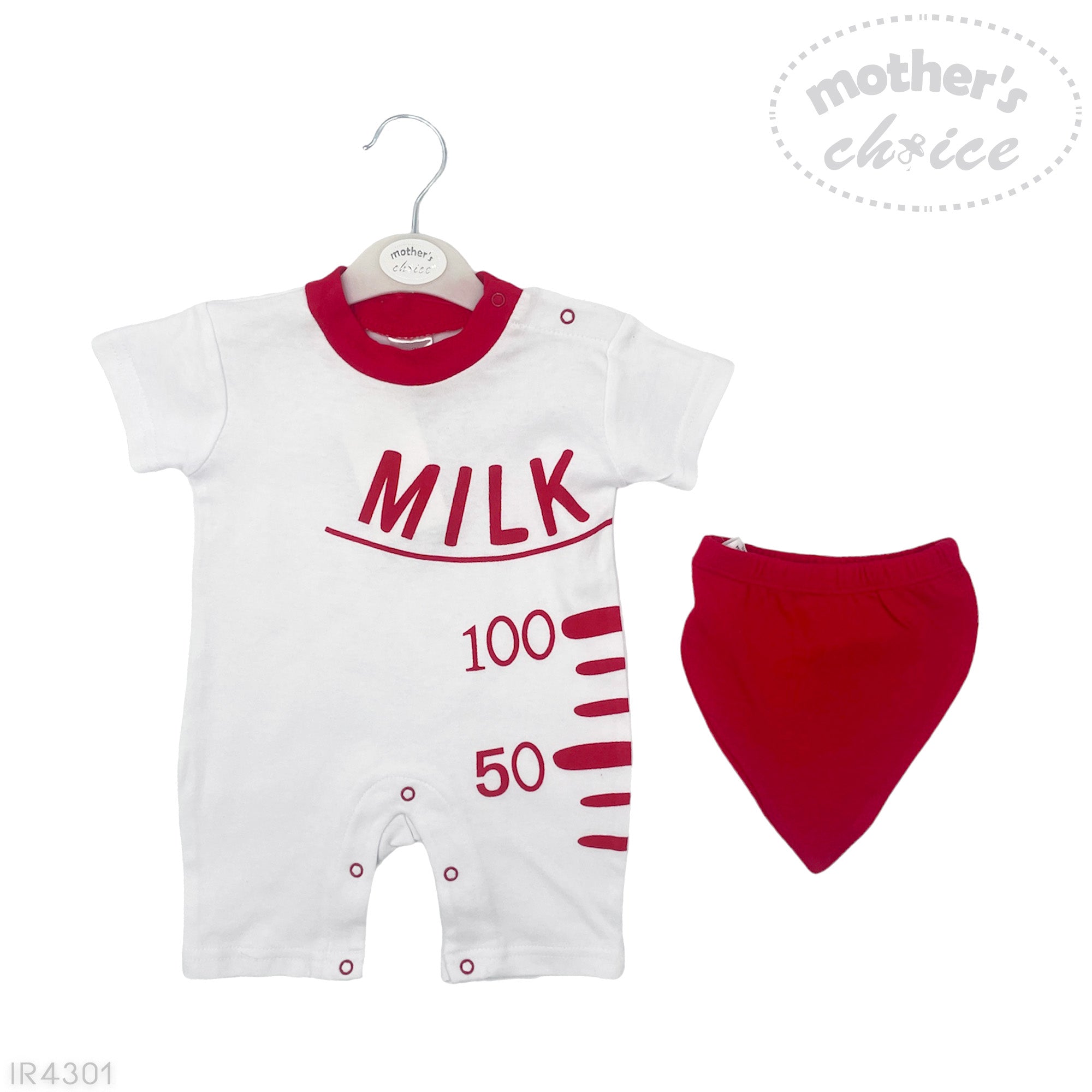 Baby romper with 'MILK' print and red bib on a white background