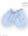 Pair of light blue baby booties on a white background with 'Mother's Choice' branding.