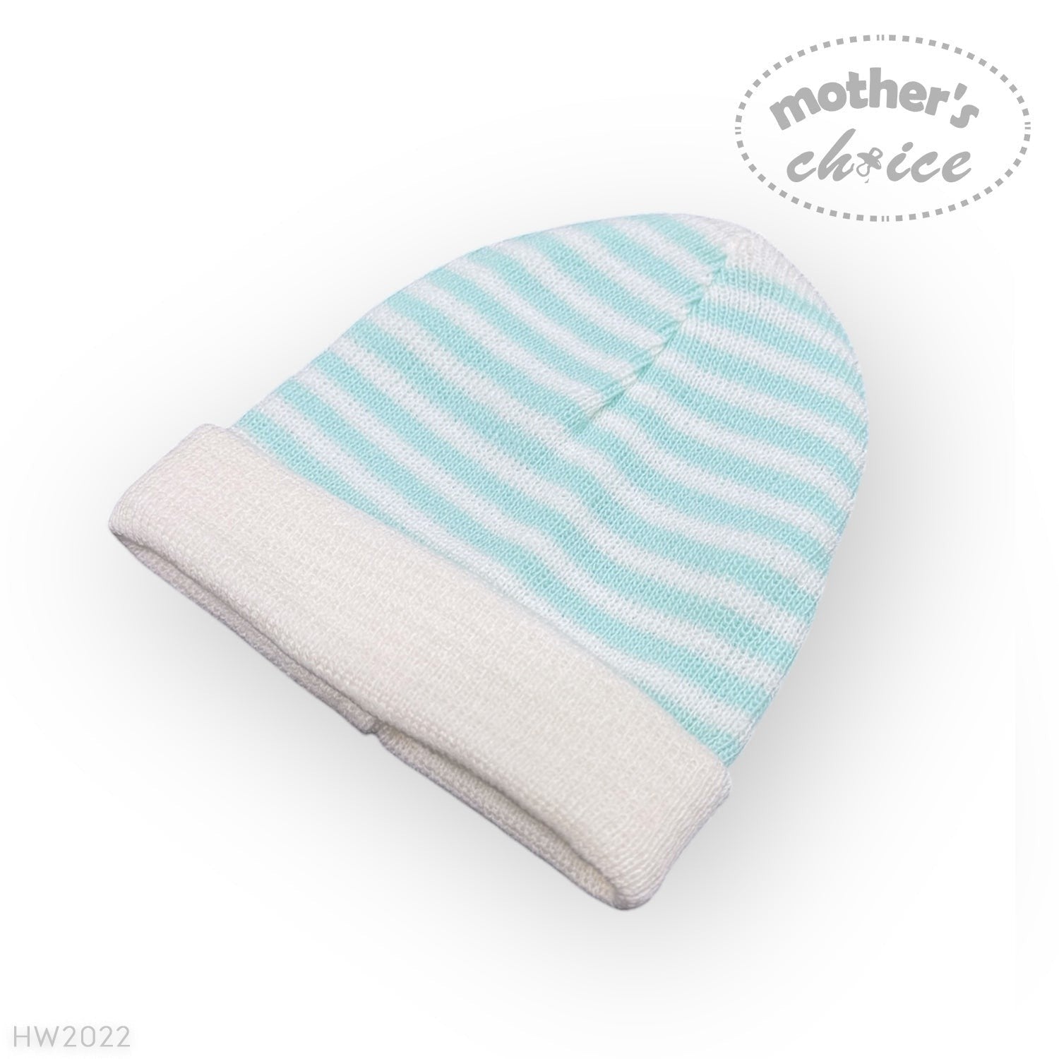 Baby hat with light blue stripes on a white background, featuring 'Mother's Choice' branding.