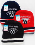 Three beanies in navy, red, and black with 'Athletic Wear' and 'W' logos on a white background.