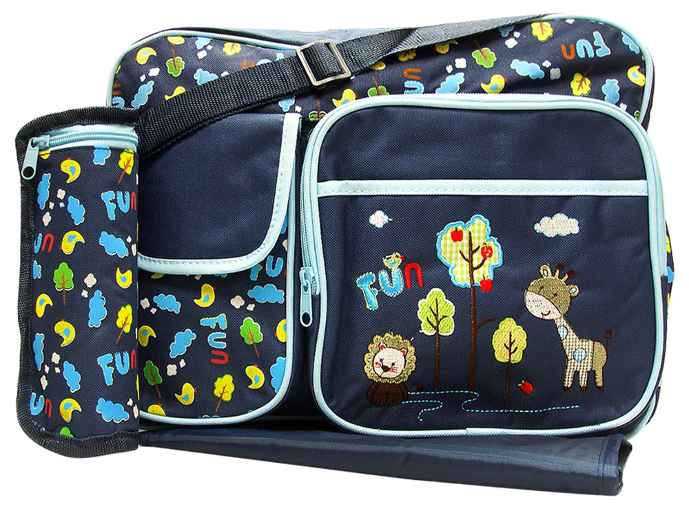 Navy blue diaper bag with colorful animal and tree pattern on a white background