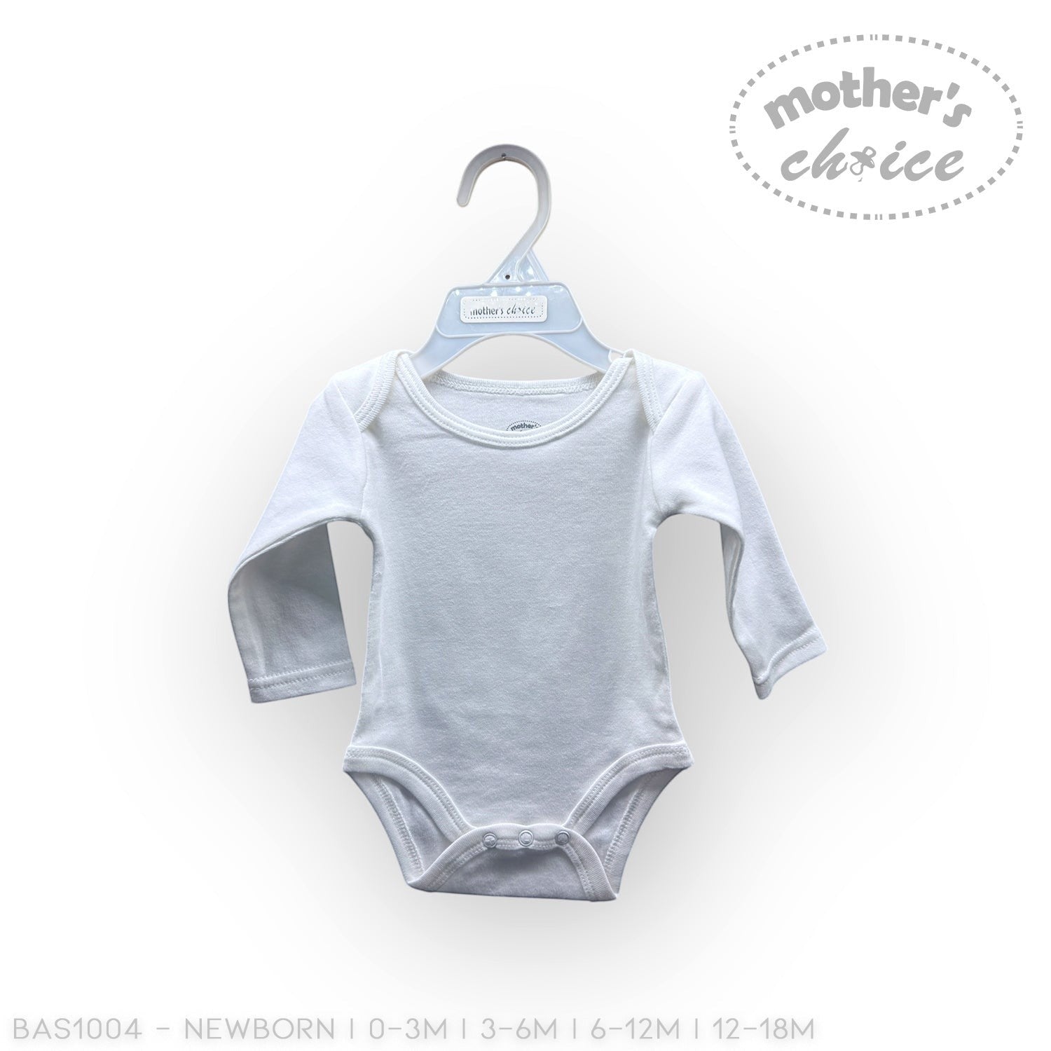 Baby bodysuit on a hanger with 'Mother's Choice' branding on a white background