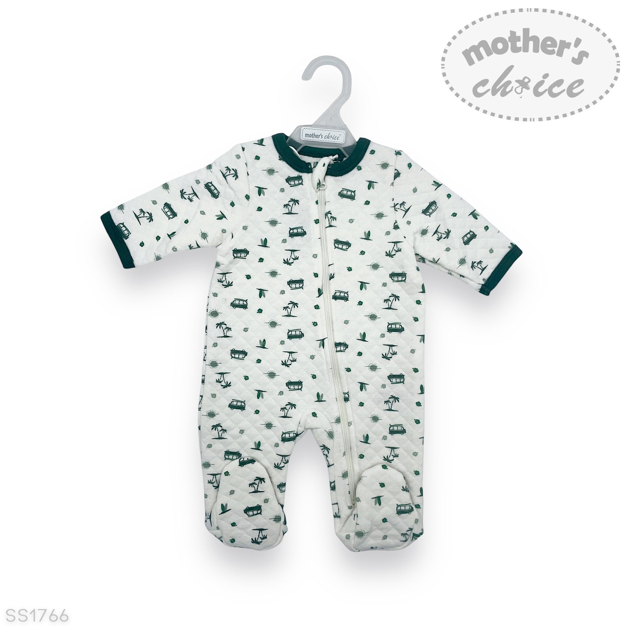Baby onesie with vehicle pattern on a white background, featuring 'Mother's Choice' branding.