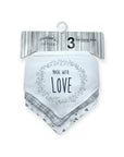 Set of three bandana bibs with 'Made with Love' text on a white background