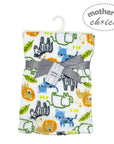 Baby blanket with animal pattern and 'Mother's Choice' tag on a white background