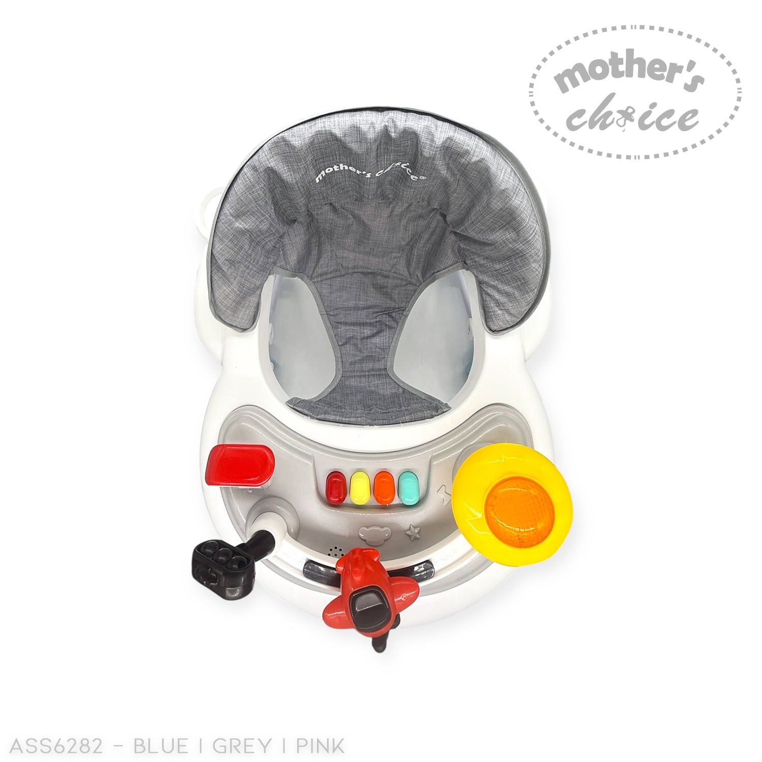 Baby bouncer with colorful buttons on a white background, branded 'Mother's Choice'.