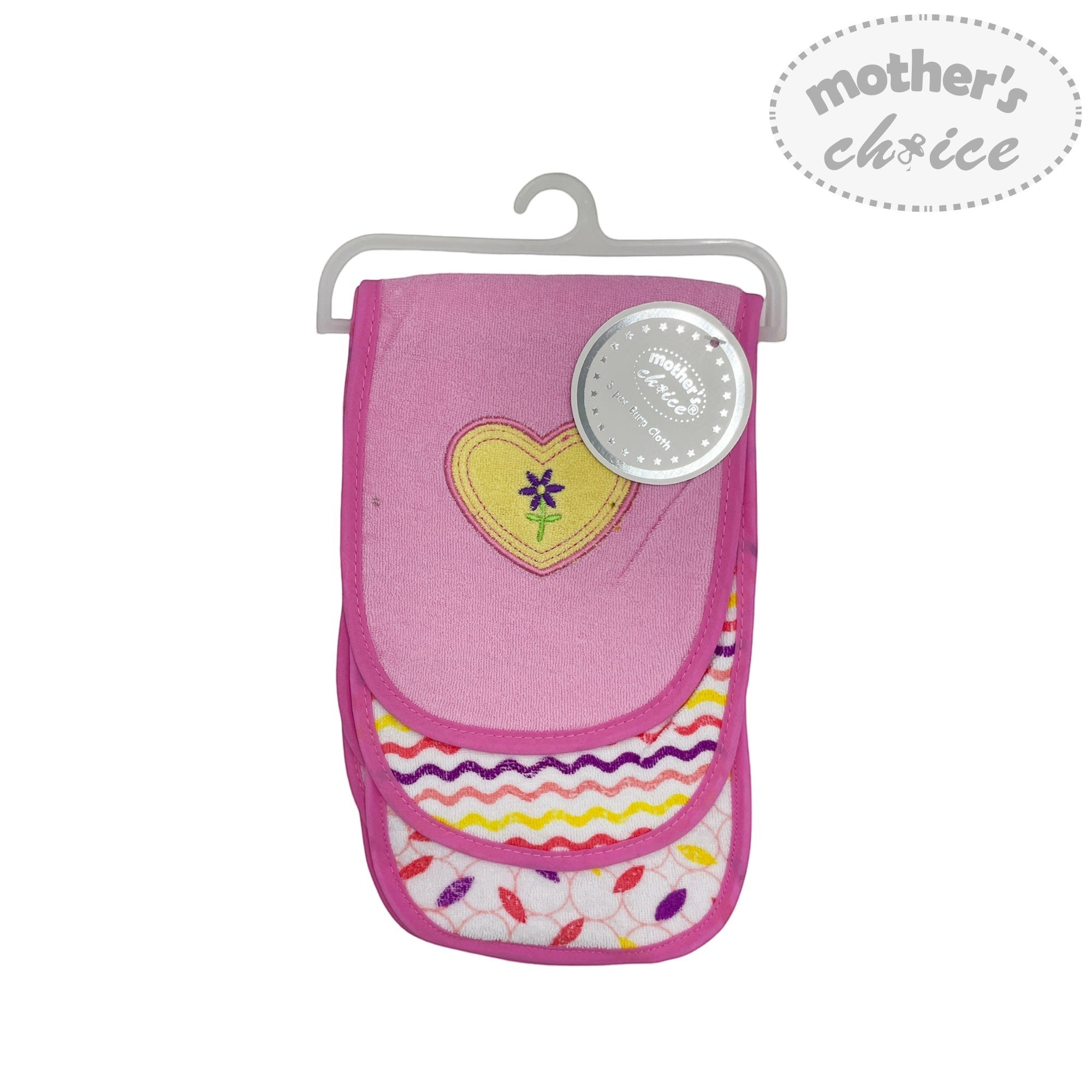 Pink baby bib with colorful design on a hanger, branded 'Mother's Choice'.