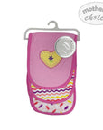 Pink baby bib with colorful design on a hanger, branded 'Mother's Choice'.