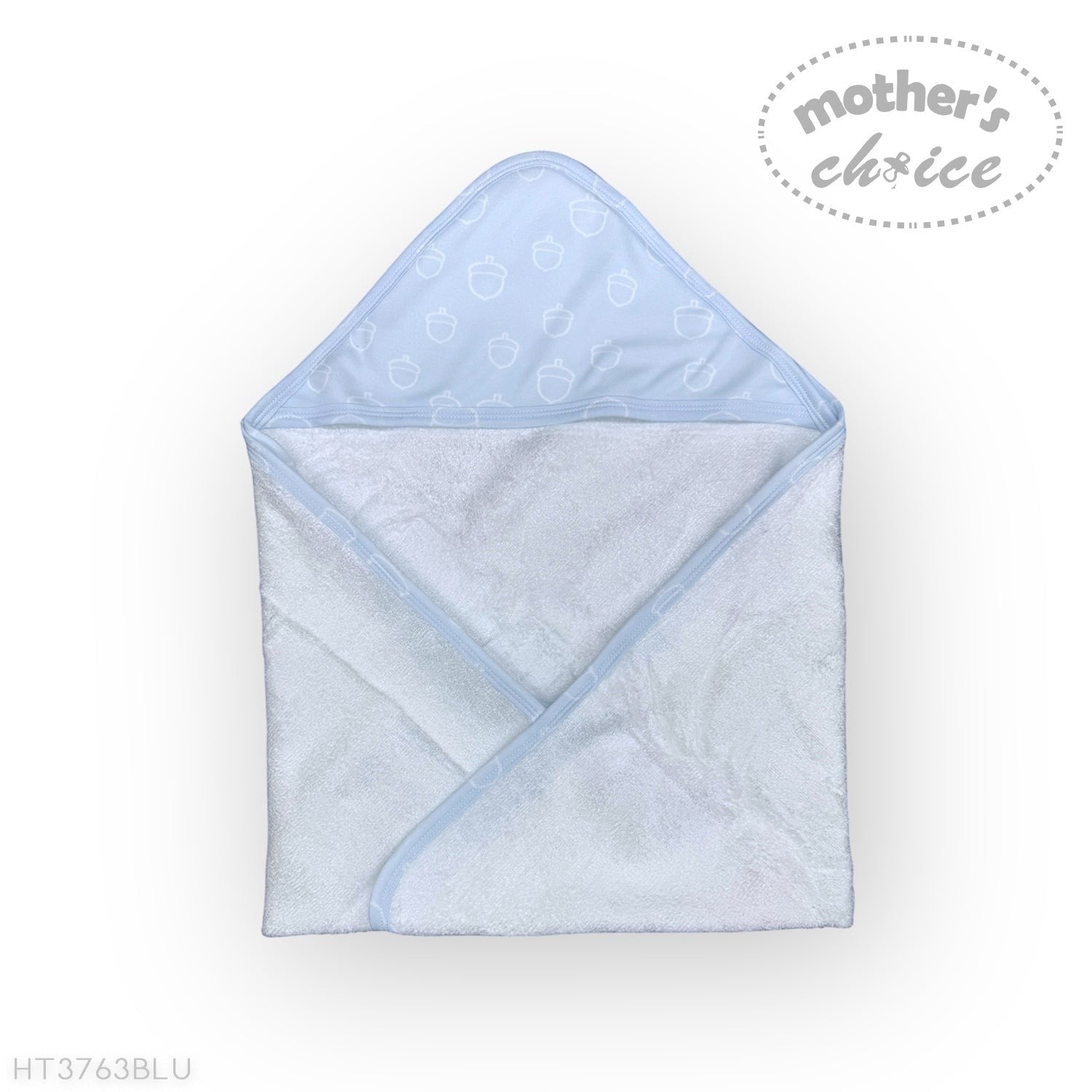 Folded baby blanket with hood on a white background, branded 'Mother's Choice'.
