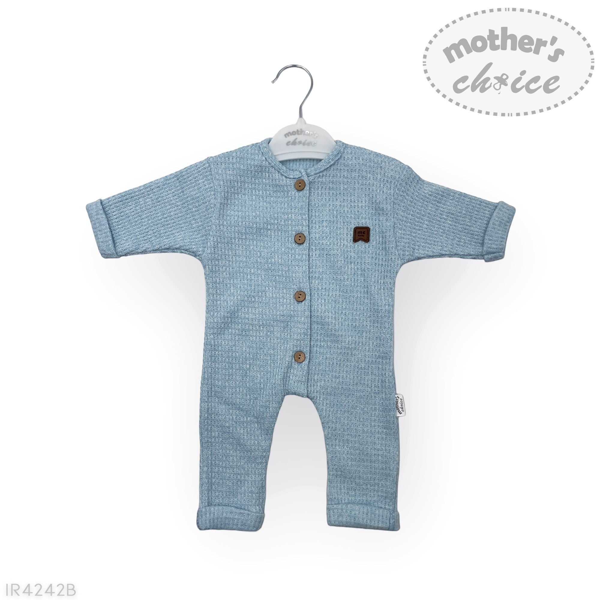 Blue baby romper with buttons on a white background, featuring 'Mother's Choice' branding.