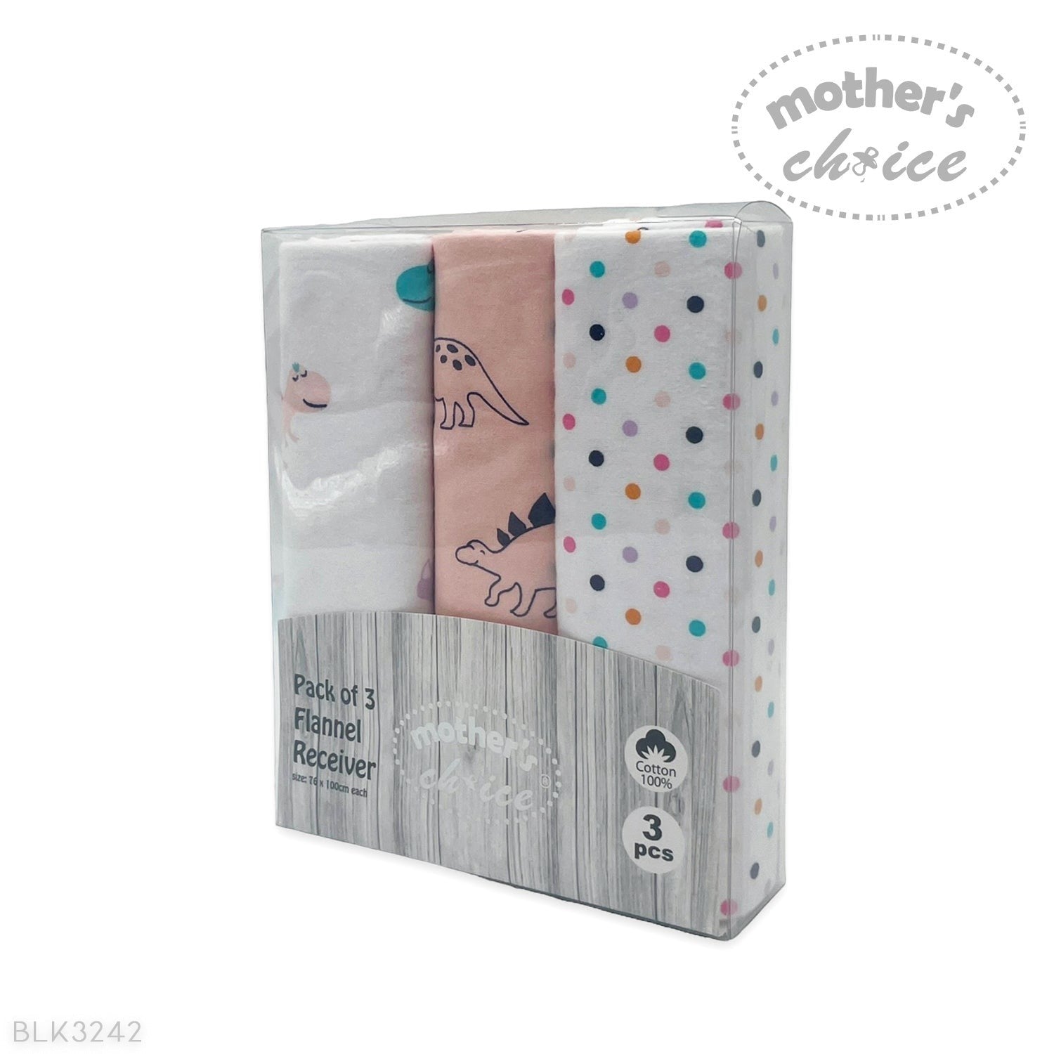 Pack of 3 flannel receiving blankets with dinosaur design in a branded box.