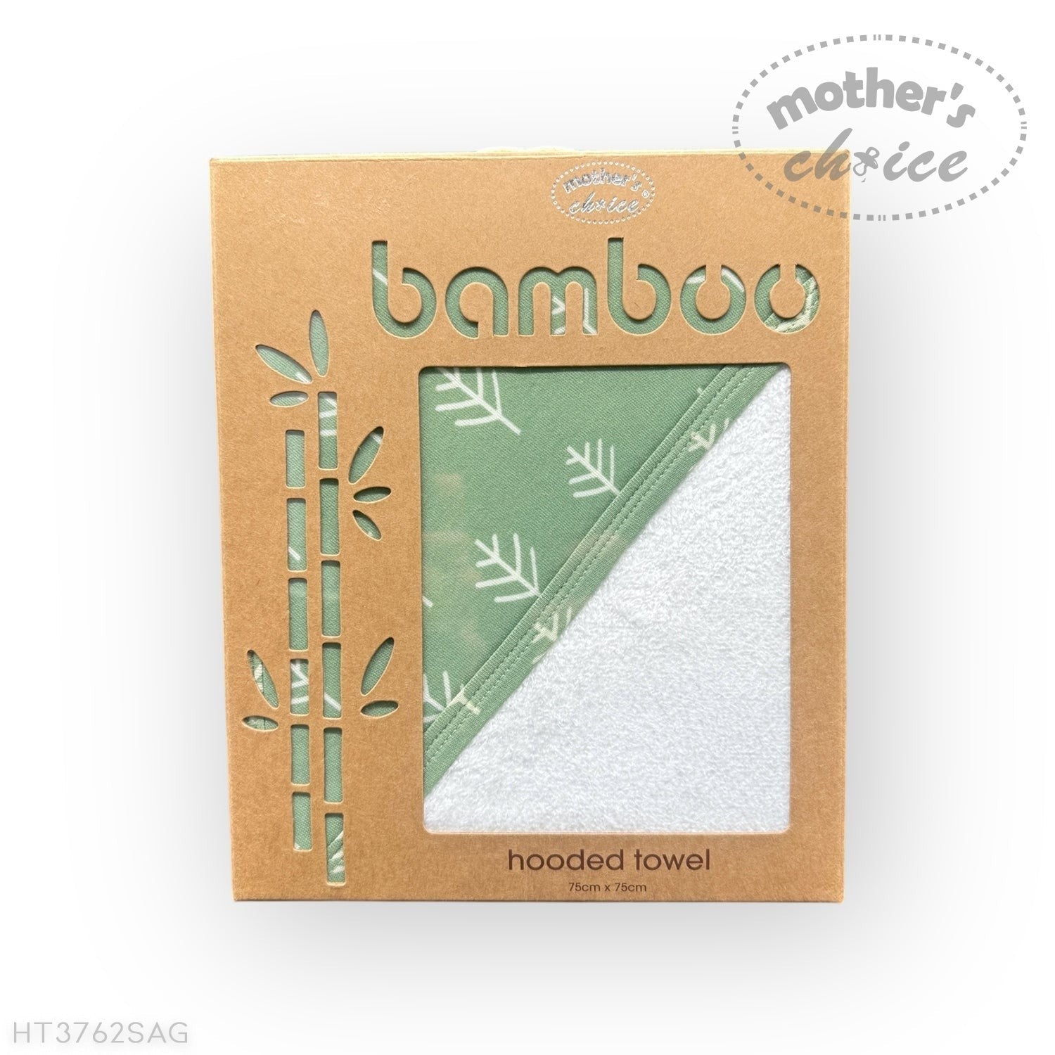 Bamboo hooded towel packaging with a green towel inside on a white background