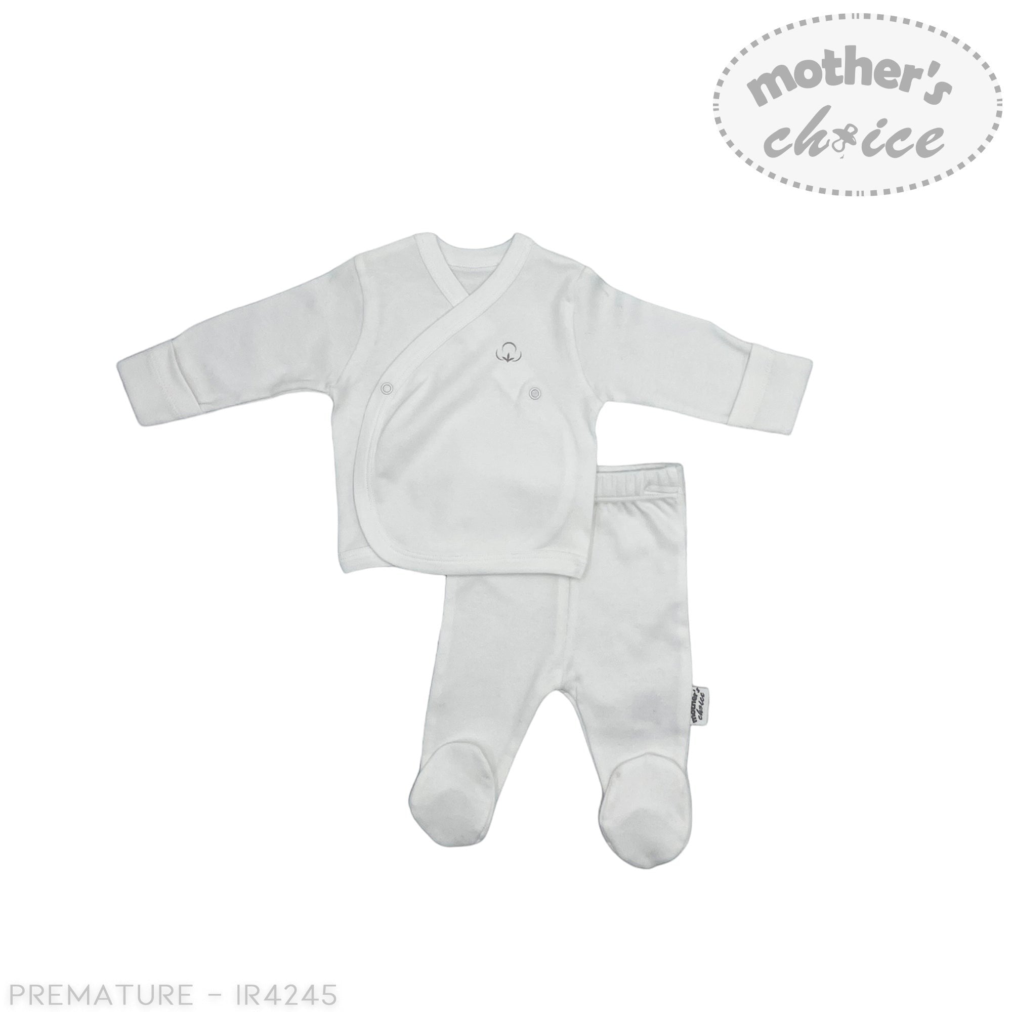 White baby outfit with a wrap-style top and footed pants on a white background, featuring 'Mother's Choice' branding.