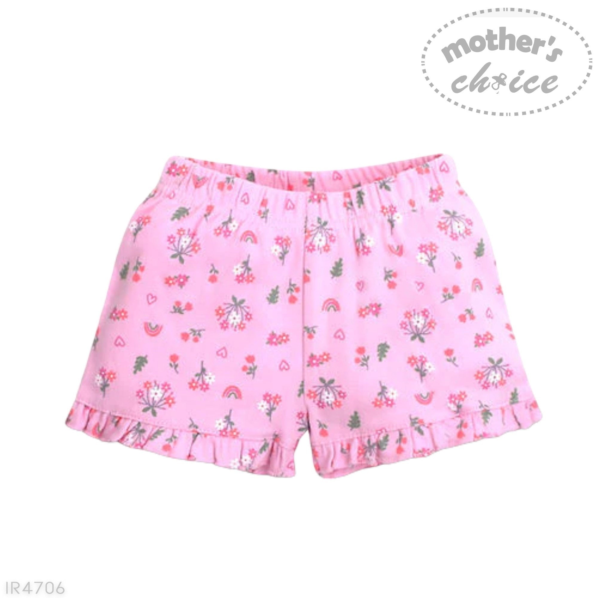 Pink children's shorts with floral pattern on a white background, featuring 'Mother's Choice' branding.