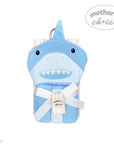 Blue shark-shaped hooded towel with a white strap, branded 'Mother's Choice', on a white background.