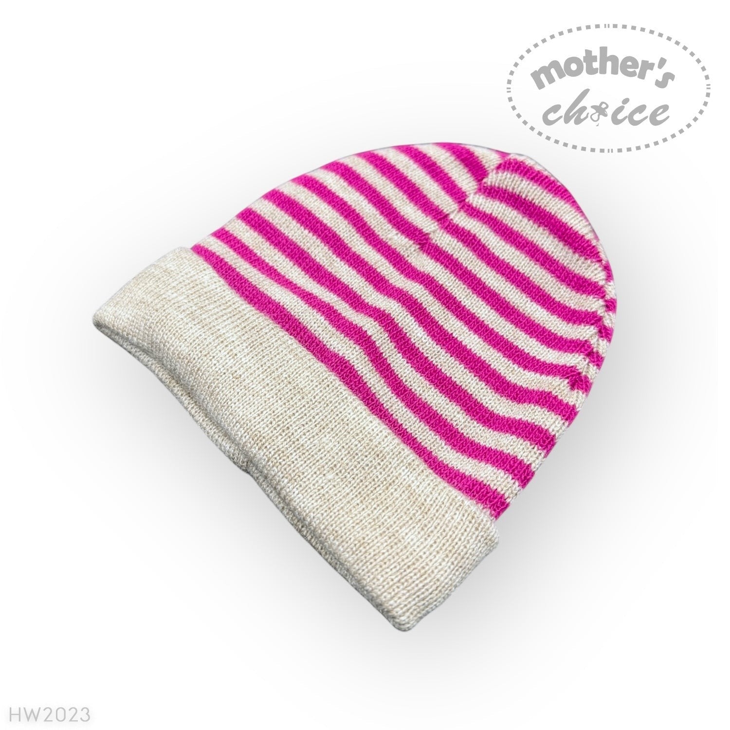 Striped baby hat with pink and white pattern on a white background, branded 'mother's choice'.