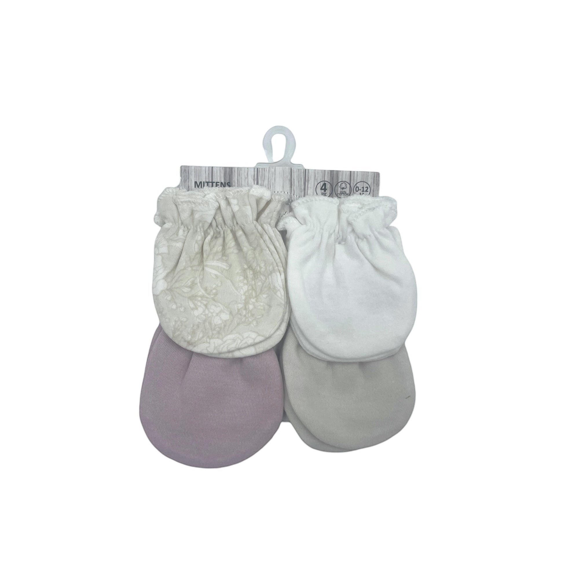 Set of baby mittens in gray, white, and purple on a white background