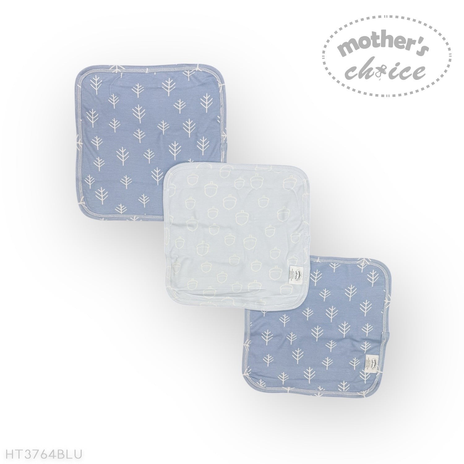 Three baby blankets with blue and white patterns on a white background, featuring 'Mother's Choice' branding.