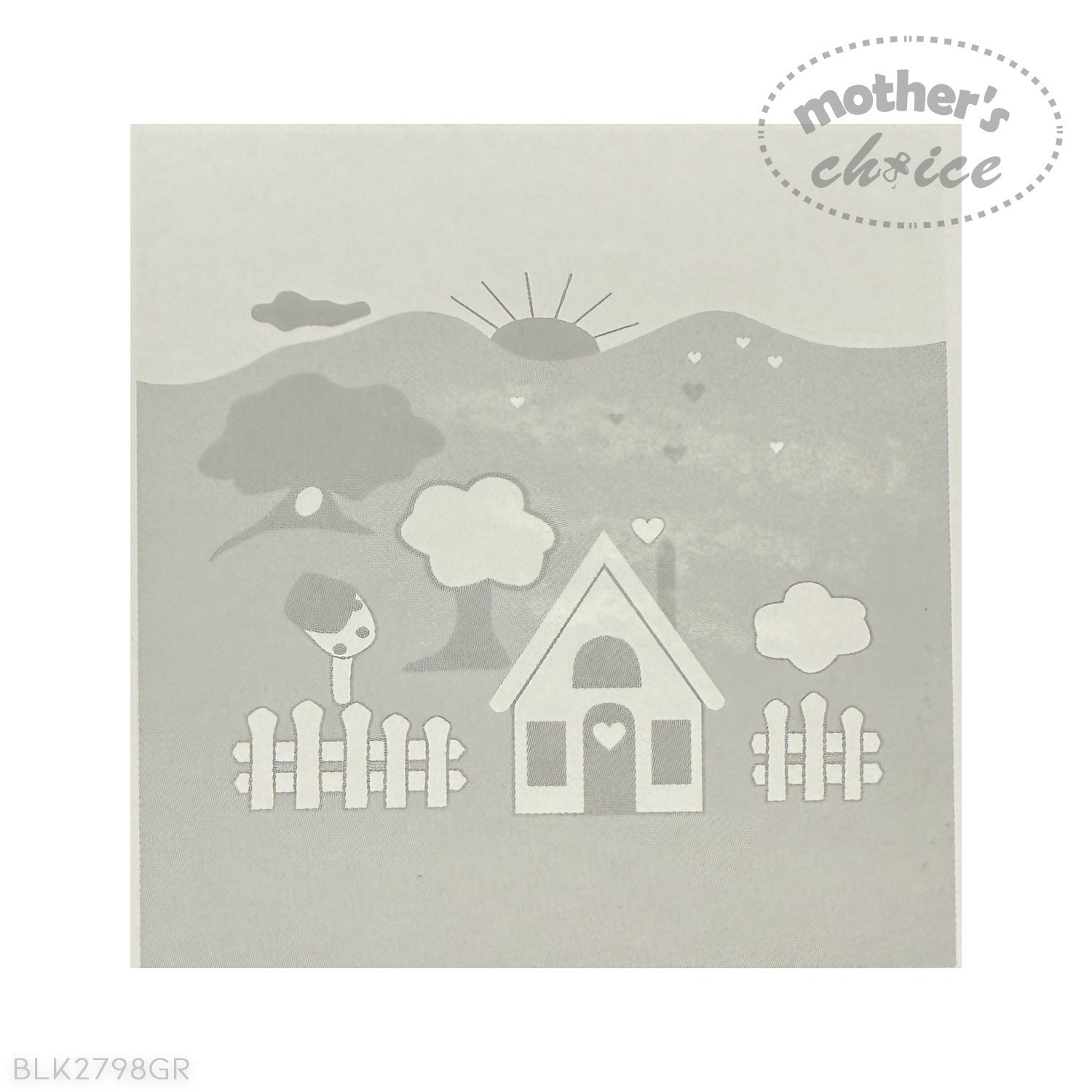 Decorative stencil with house, tree, and fence design on a light gray background.
