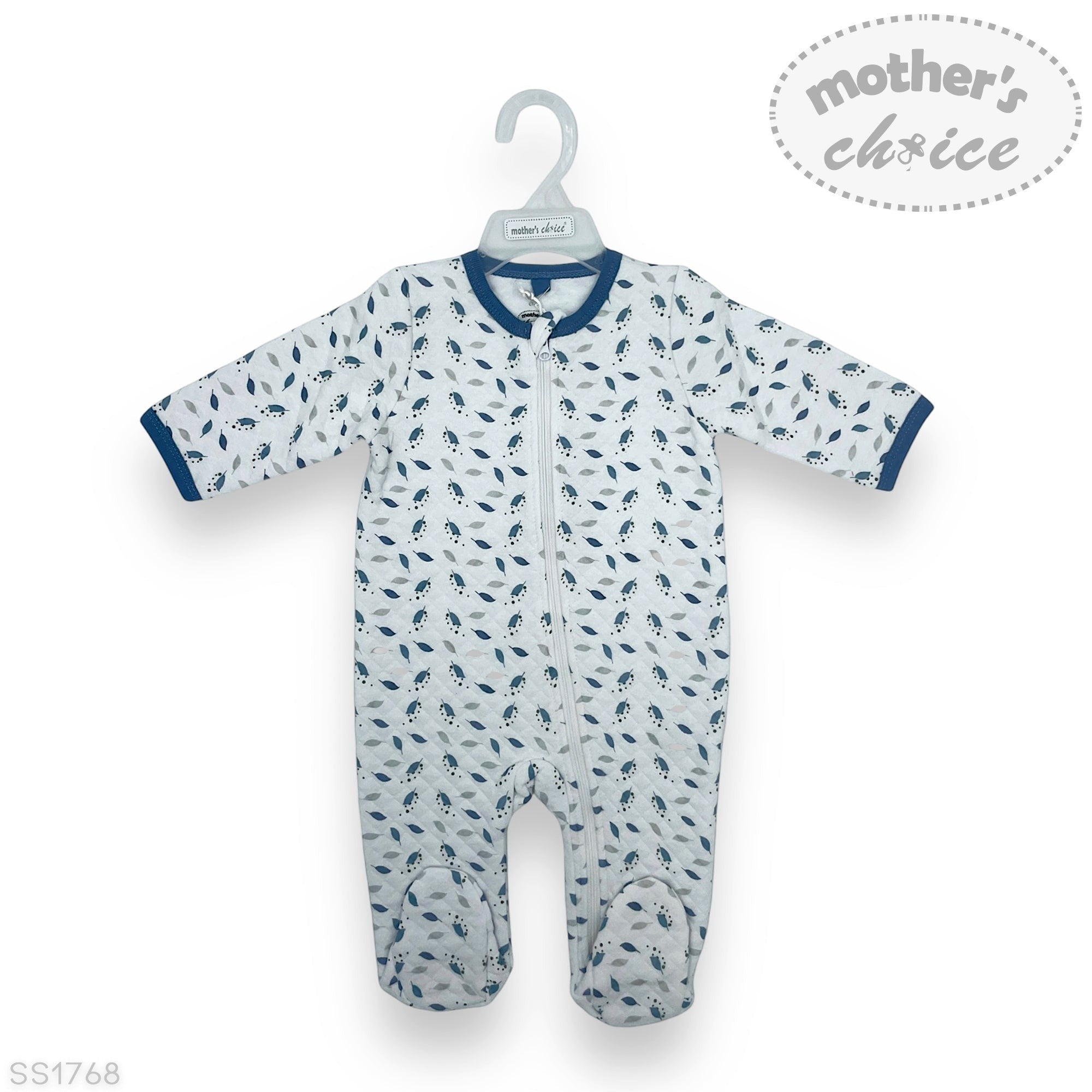 Baby onesie with blue pattern on a white background, featuring 'mother's choice' branding.