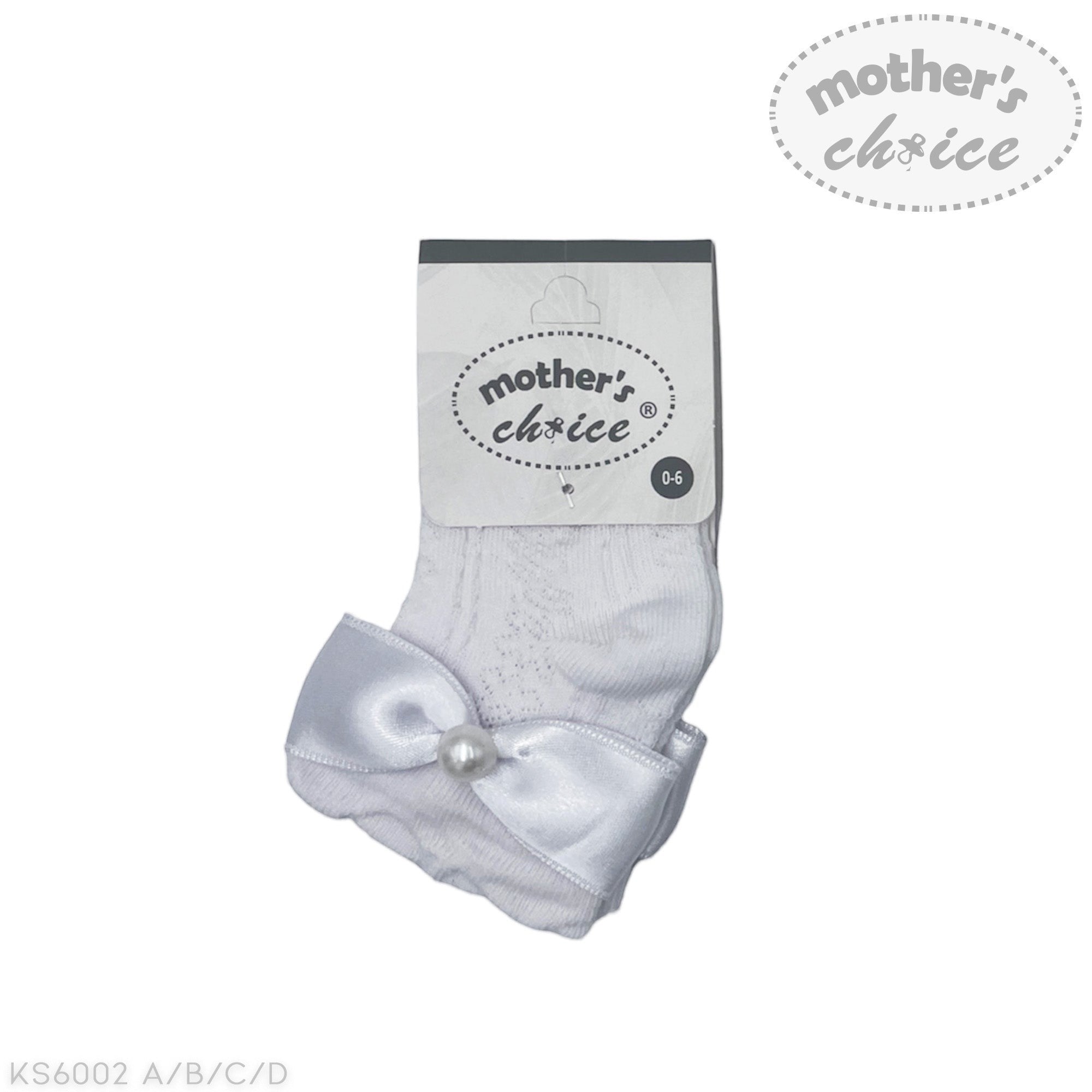 White baby socks with a bow and pearl detail on a white background, branded 'mother's choice'.