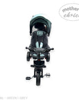 Green and grey stroller with 'Mother's Choice' branding on a white background