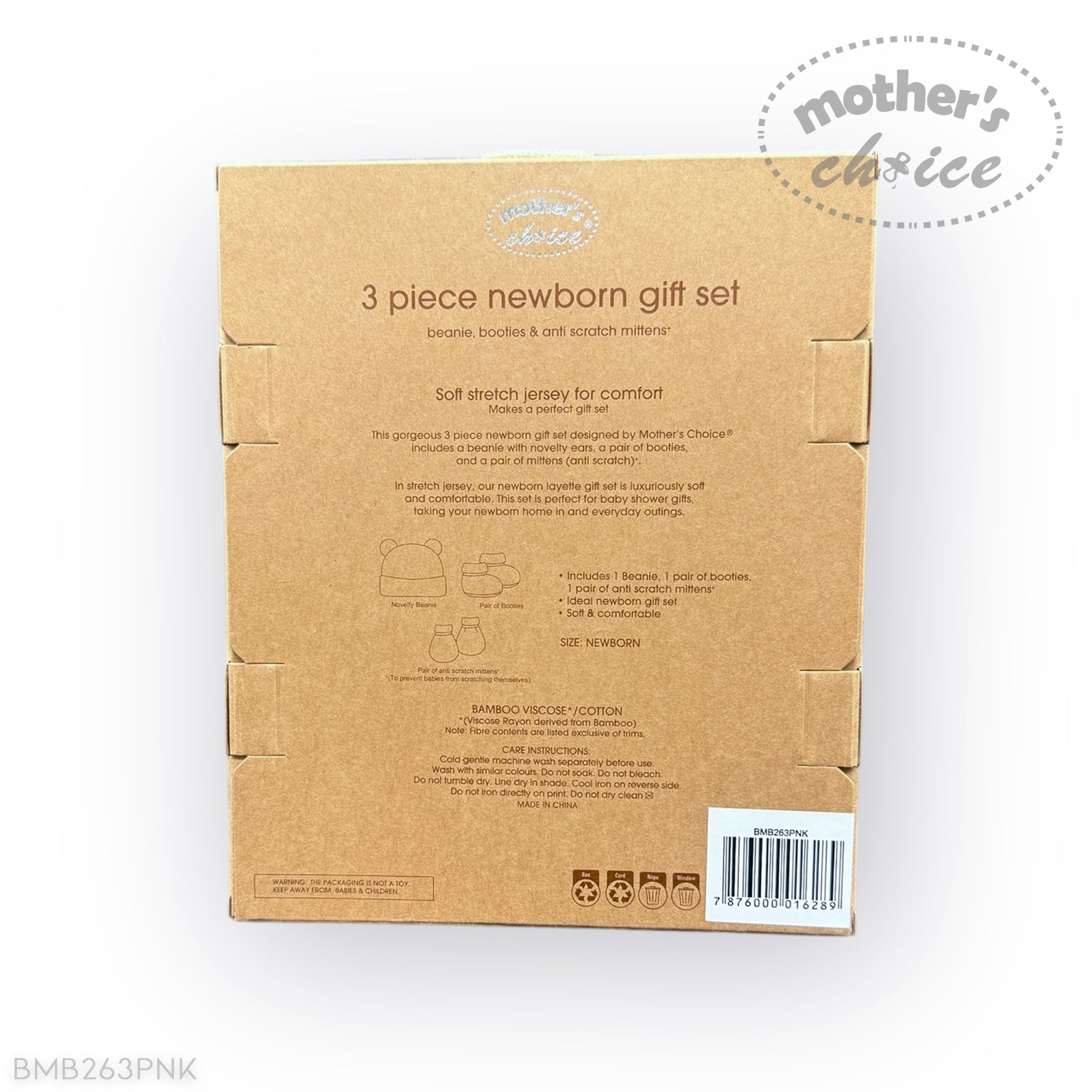 Back of a cardboard box packaging for a 3-piece newborn gift set with 'Mother's Choice' branding.