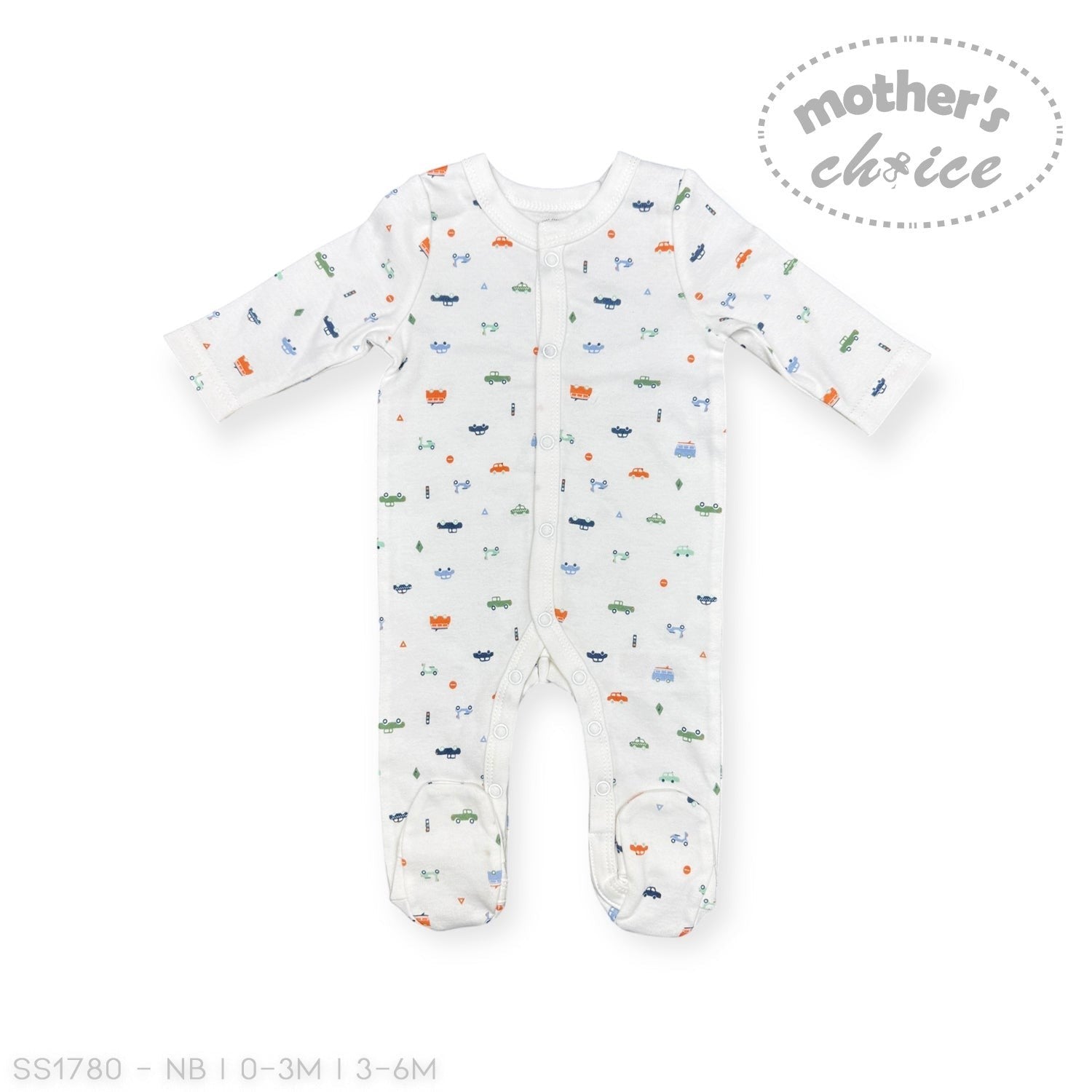 Baby onesie with vehicle pattern on a white background, branded 'Mother's Choice'.