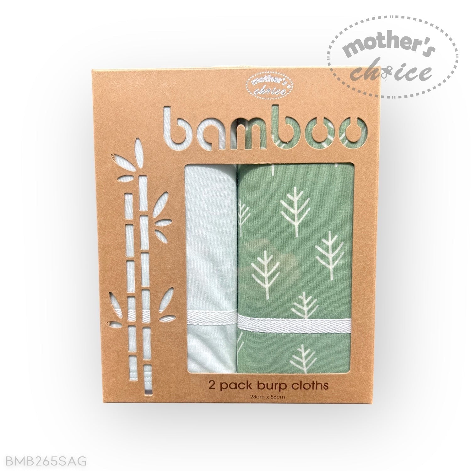 Pack of two bamboo burp cloths in a decorative cardboard box with 'Mother's Choice' branding.