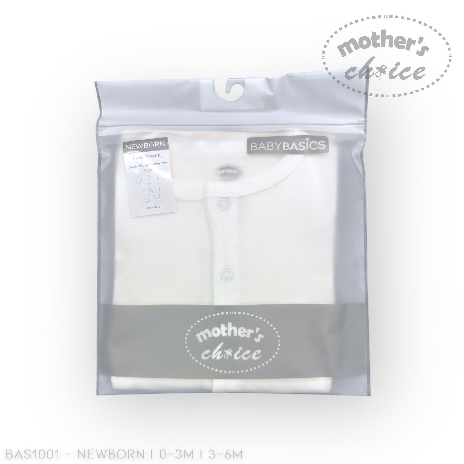 White baby onesie in clear packaging with 'Mother's Choice' branding on a white background