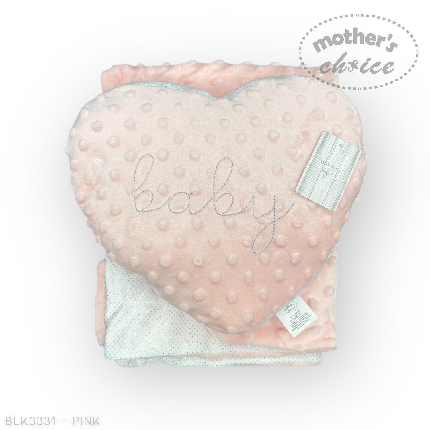 Heart-shaped pink pillow with 'baby' embroidery and a tag on a white background