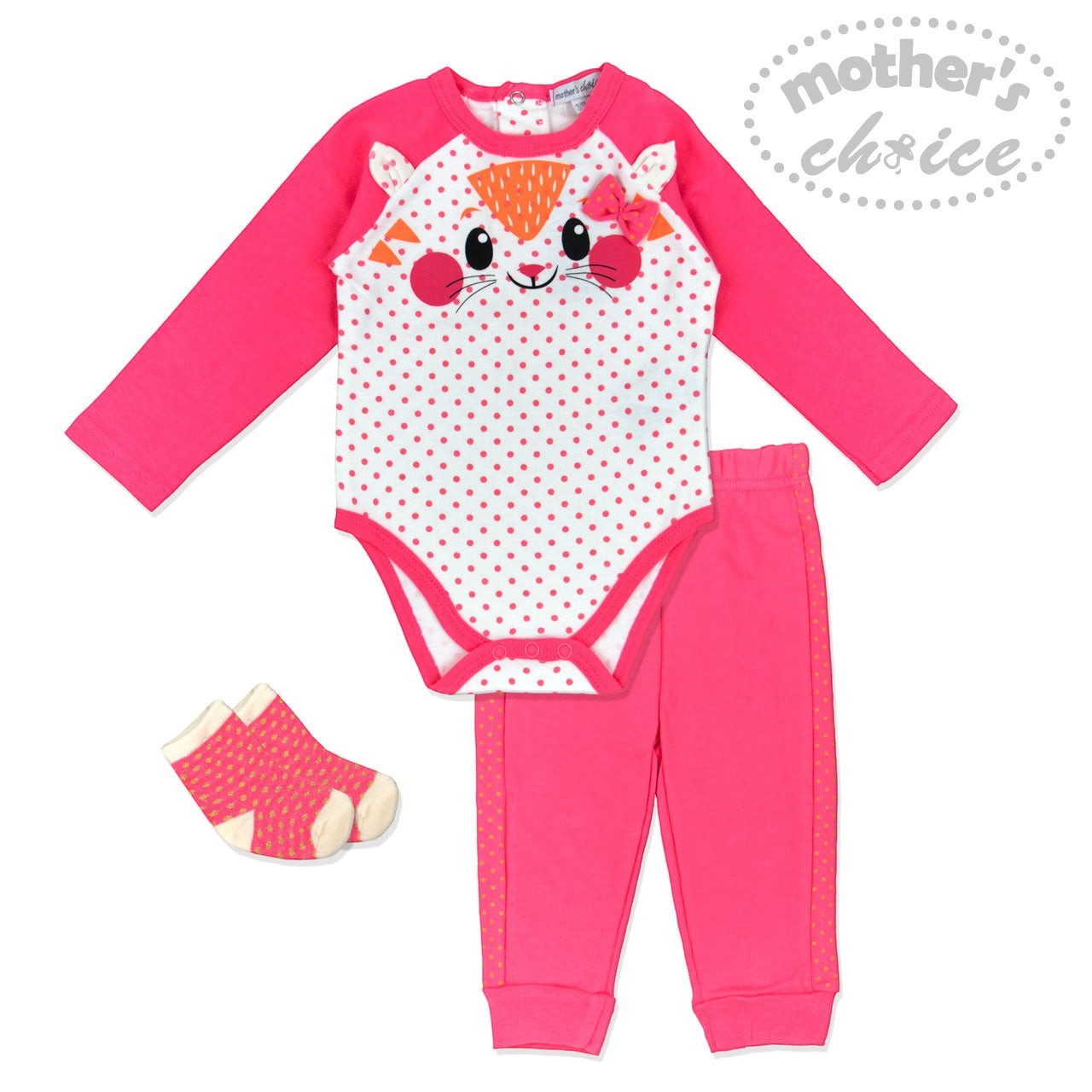 Children's pink and white outfit with matching socks on a white background, featuring 'mother's choice' branding.