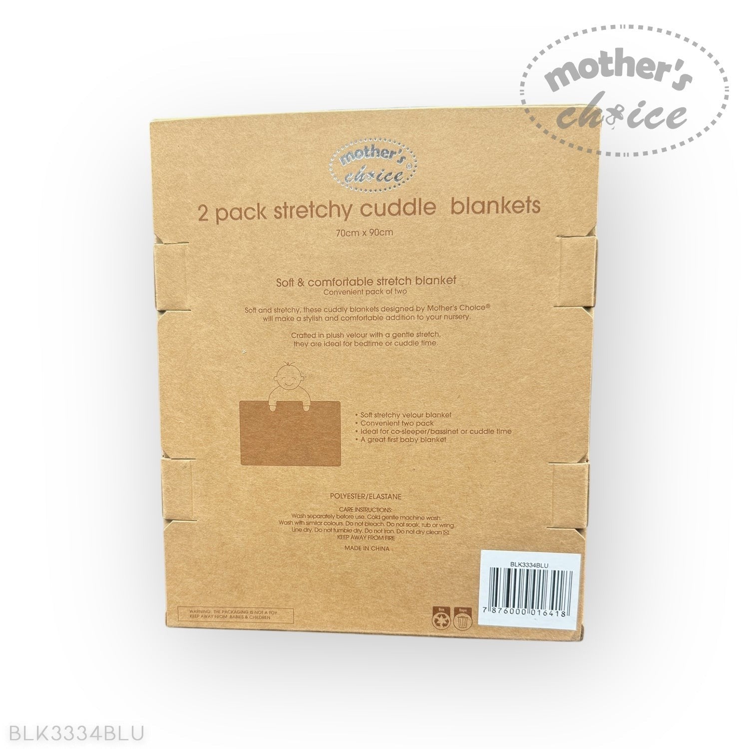 Cardboard packaging of 'mother's choice' stretchy cuddle blankets on a white background