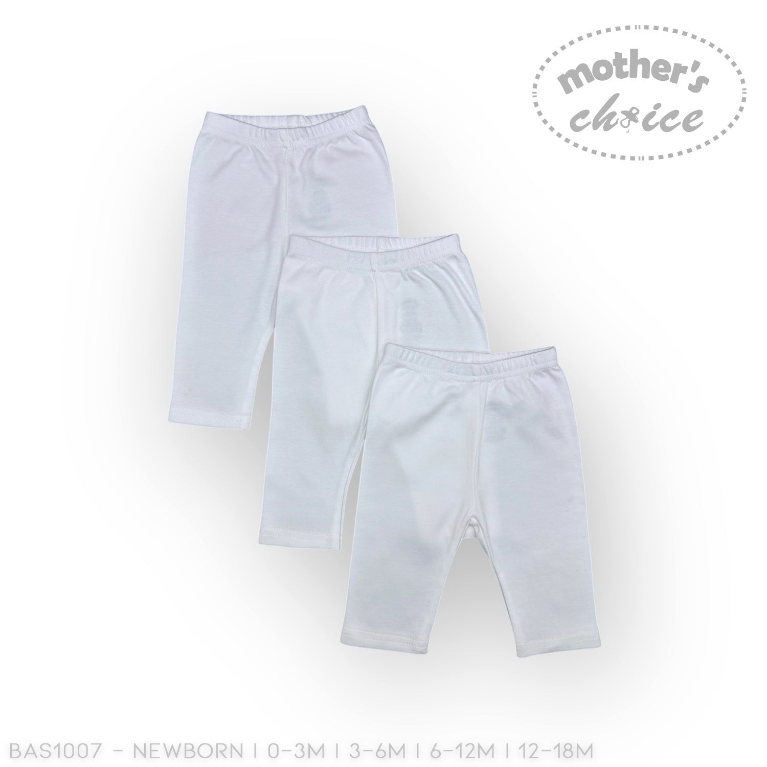 Two pairs of light blue baby leggings on a white background with 'Mother's Choice' branding.